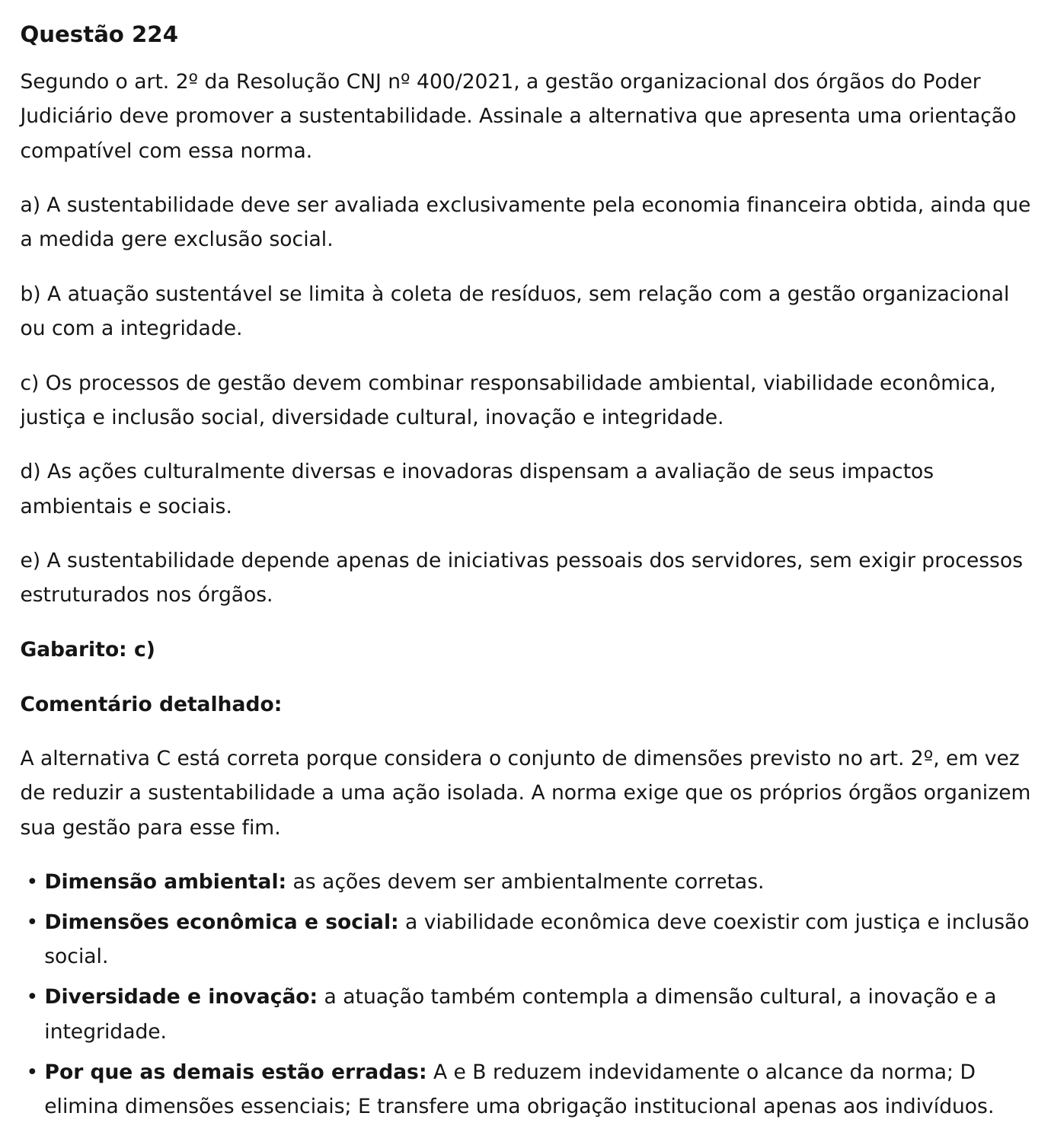 Questão 224 de legislação do TRT 8, com cinco alternativas, gabarito e comentário detalhado